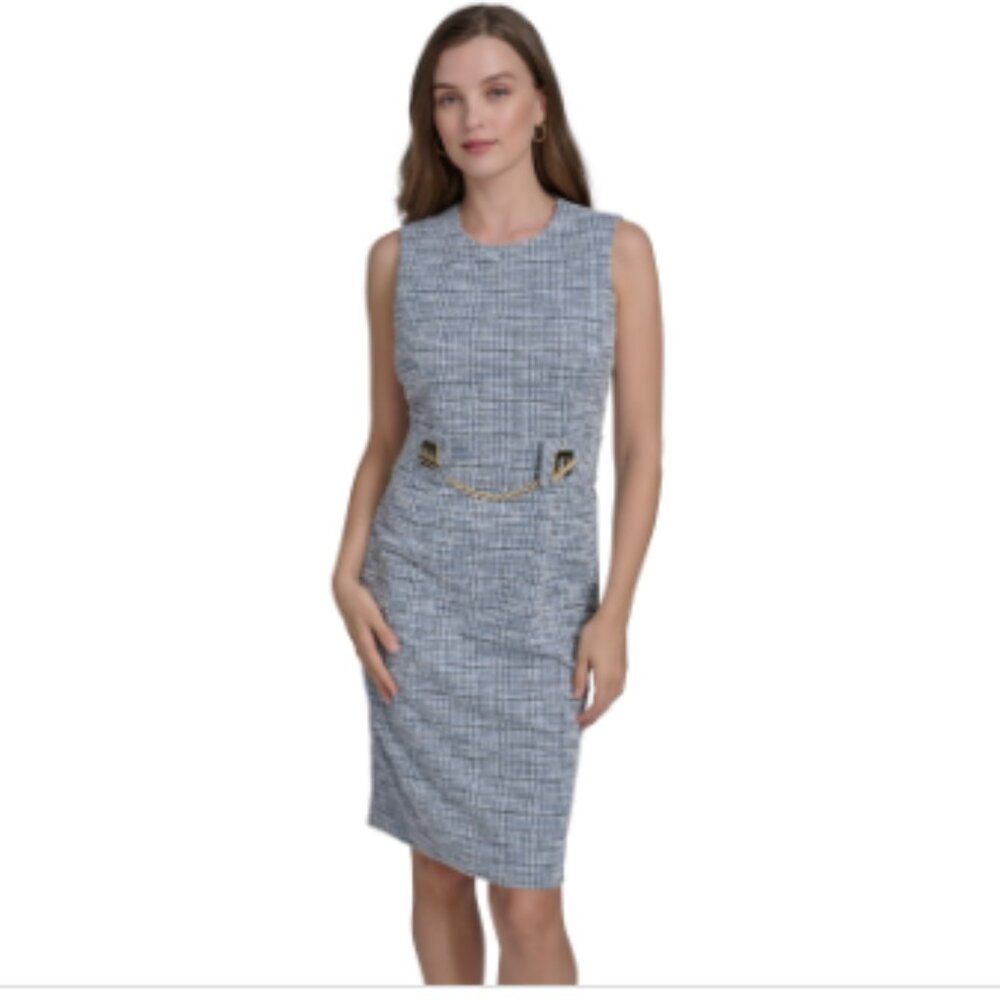 Halston Women's Round-Neck Sleeveless Stretch Tweed Sheath Dress - Cream/Blue